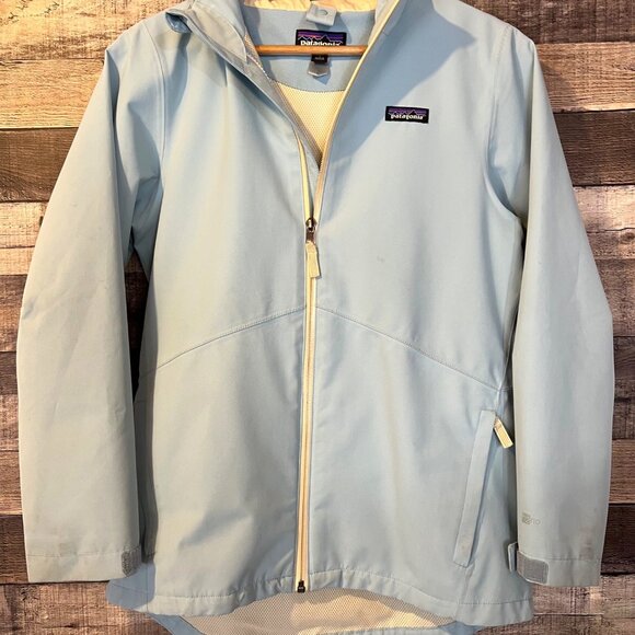 Patagonia Girls Light Blue Hooded Waterproof Rain Jacket XL 14 Outdoor Hiking